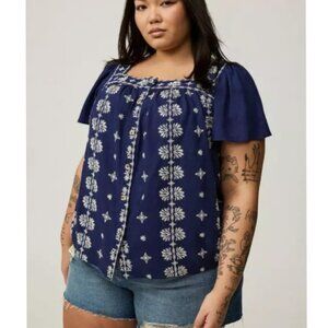 Torrid Embroidered Blue Blouse Button Up White Boho Bohemian Top Shirt Plus 1X